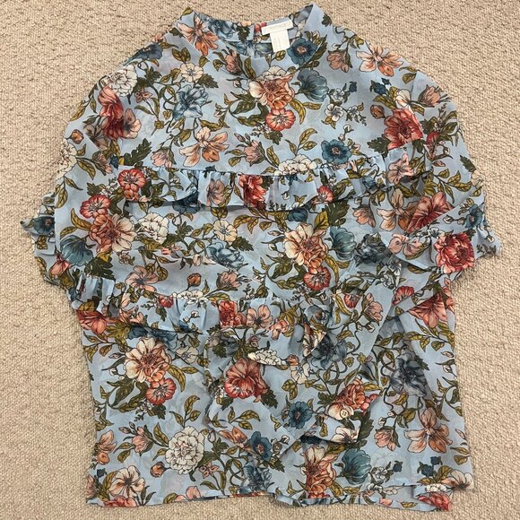 Floral Long-Sleeve Mock Neck Blouse with Ruffle Details, Forever 21 Size M - Picture 1 of 5